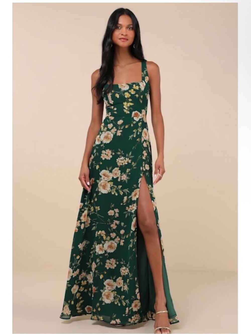 NWT Lulus Remarkable Arrival Emerald Green Floral Sleeveless Maxi Dress